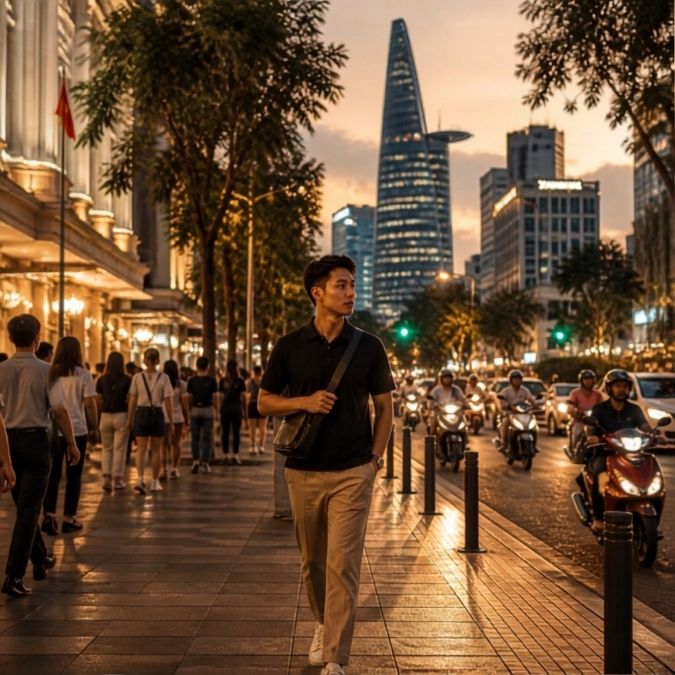 고층 빌딩과 오토바이가 보이는 거리에서 휴대전화를 확인하는 여행자