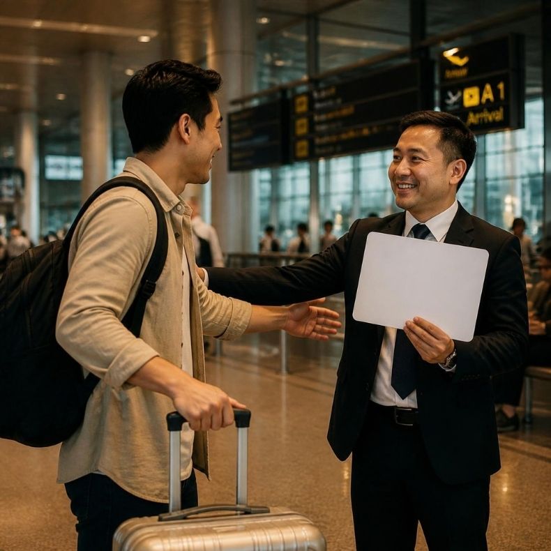 공항 도착장에서 안내판을 든 기사와 만나는 여행자