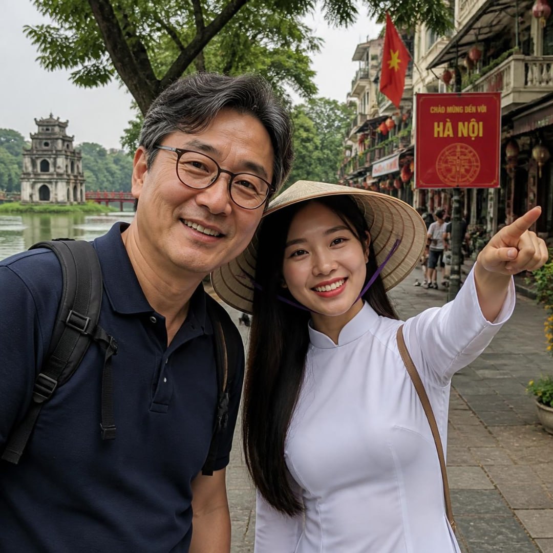 호수와 거리 표지판을 배경으로 함께 여행하는 커플